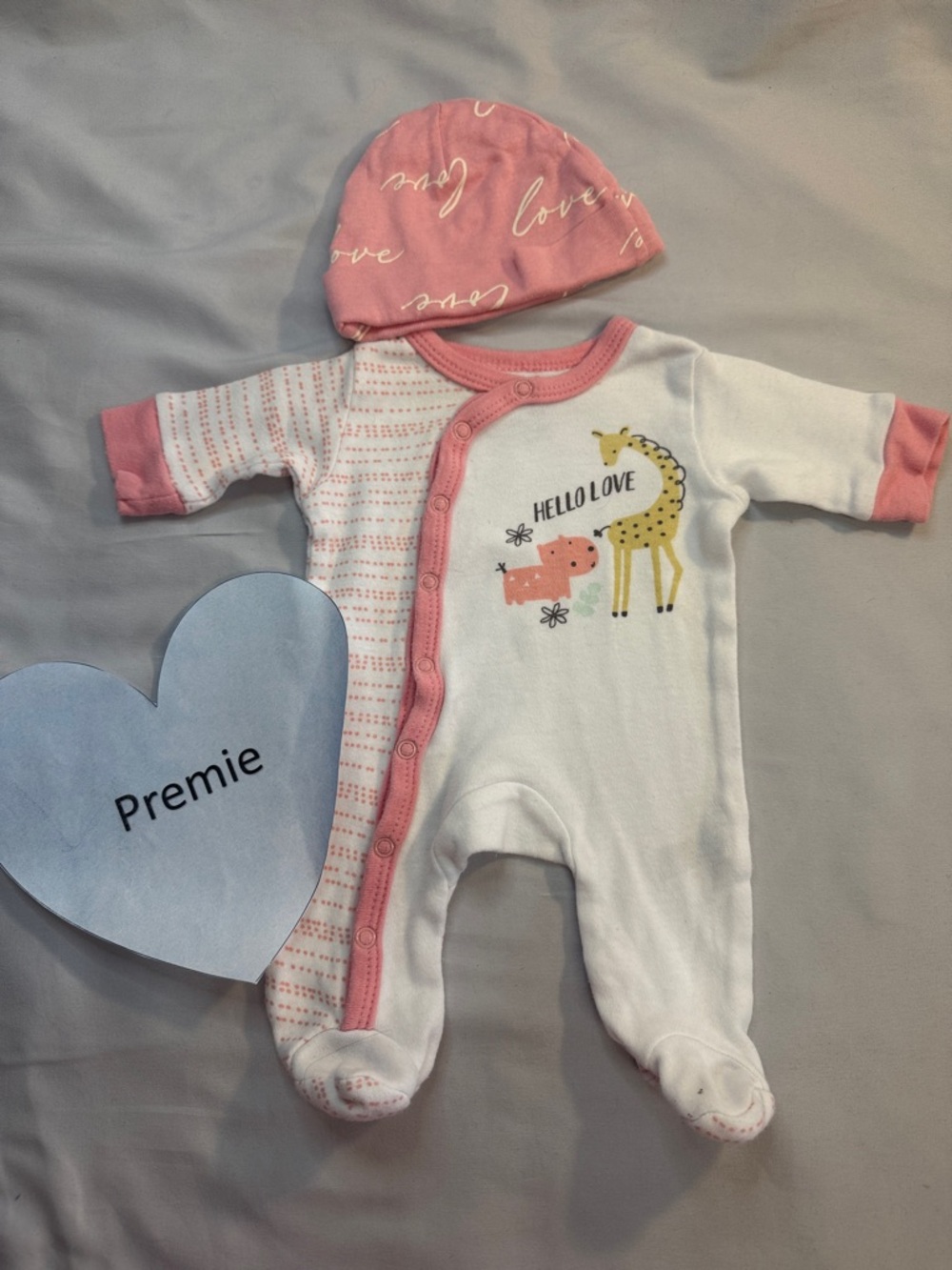Pink & White Giraffe Print Footie with Matching Hat - Premie